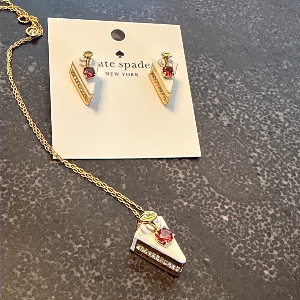 NWT Kate Spade Pastry Shop Slice of Cale Gold and Red Earrings and Necklace - Picture 2 of 3